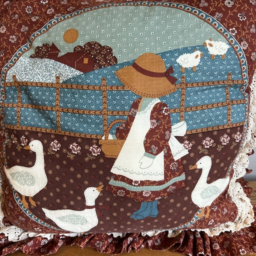 Vintage 1970's Old Country Style Pillow Goose Girl Floral Pattern Cottagecore